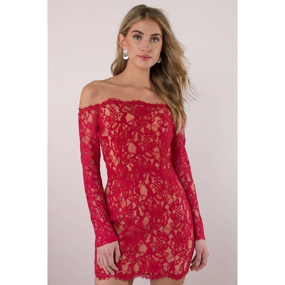 TOBI Red Adelyn Lace Off‎ Shoulder Long Sleeve Bodycon Mini Dress Lingerie New M
